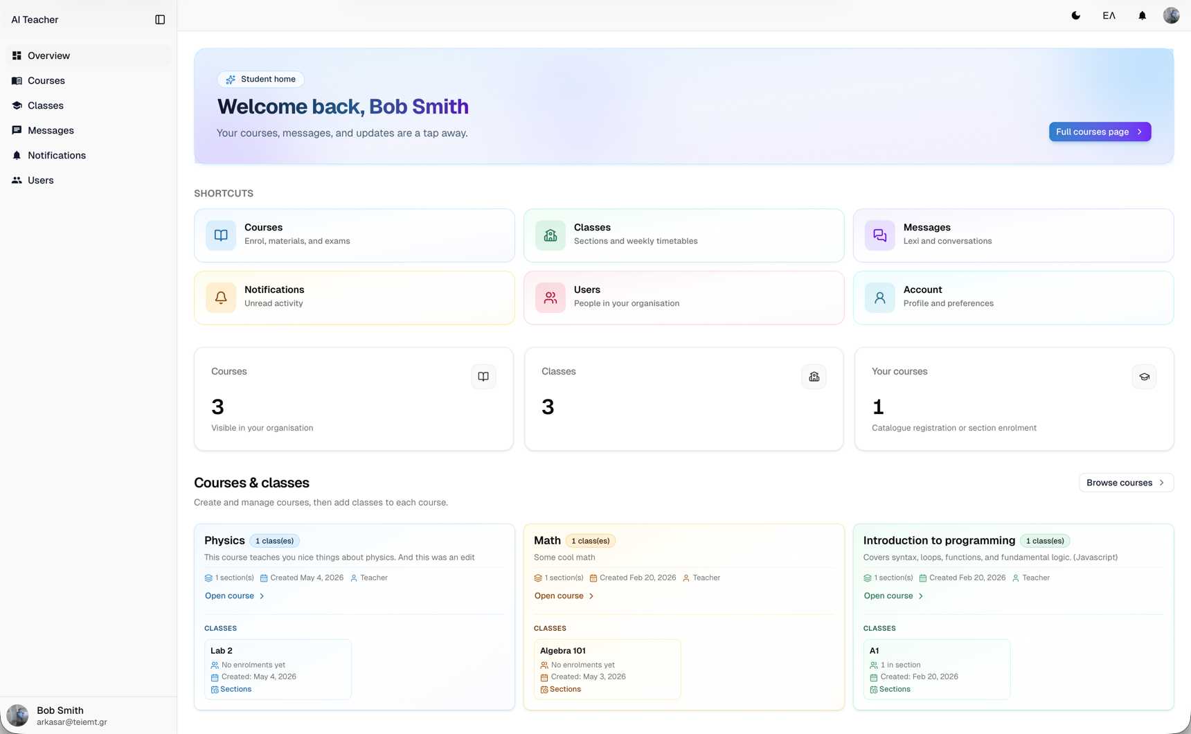 SchoolDuty dashboard preview showing courses, classes, agenda, shortcuts, and welcome content.